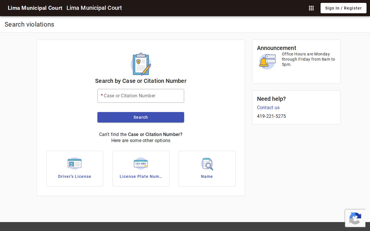 Allen County case search fields on the Lima Municipal Court citation and case search interface