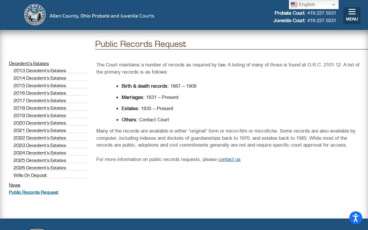 Allen County case search route for Probate and Juvenile public information records