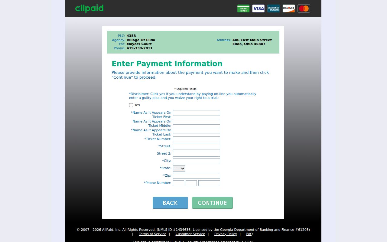 Elida court records and court-linked payment interface
