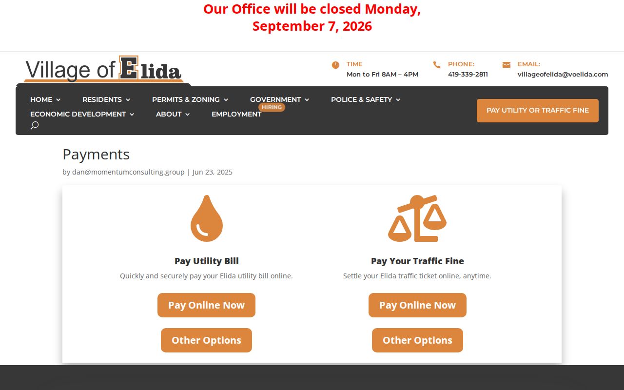 Elida court records and official village payment link source