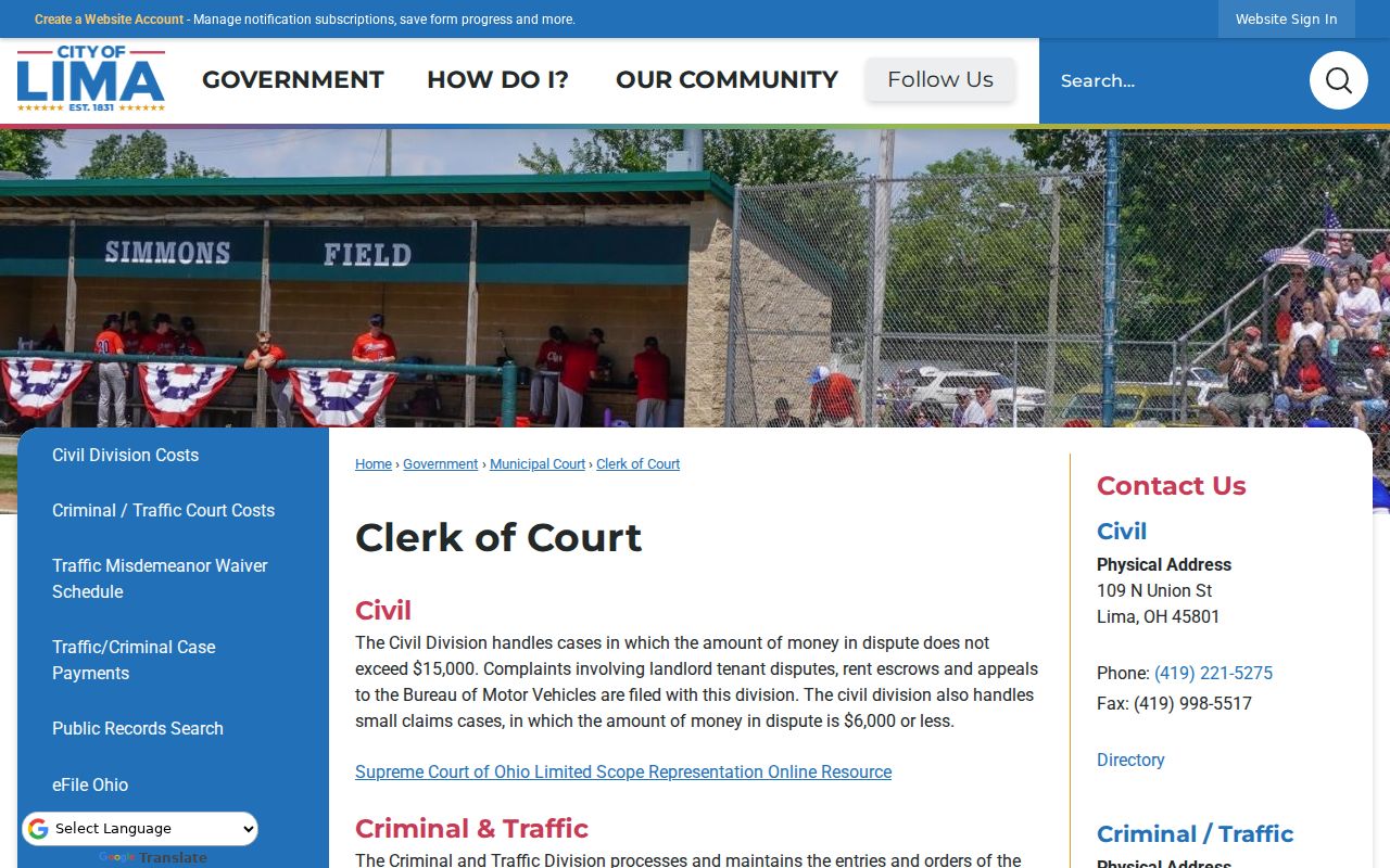 Lima court records at the Lima Municipal Clerk of Court