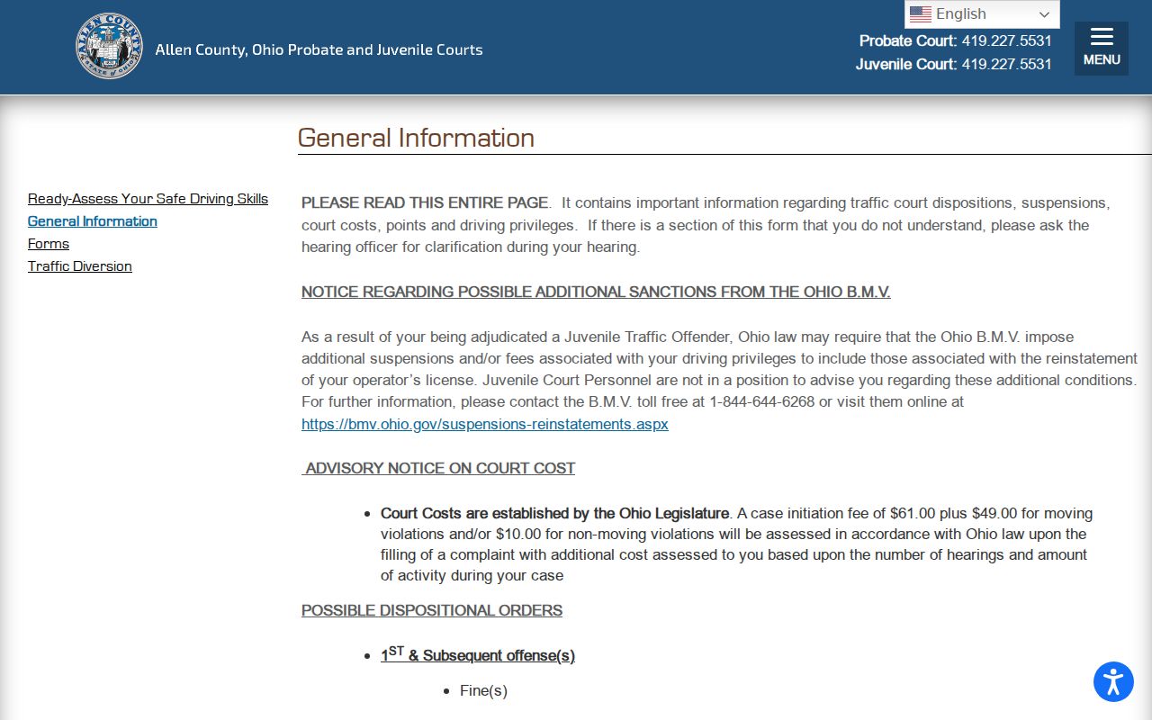 Allen County traffic court records route for the Juvenile Traffic Bureau