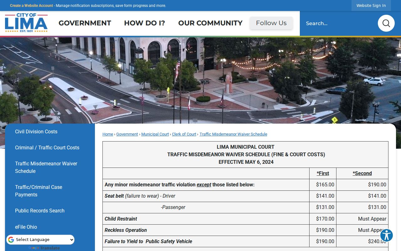 Allen County traffic court records from the Lima Municipal traffic waiver and mandatory appearance schedule