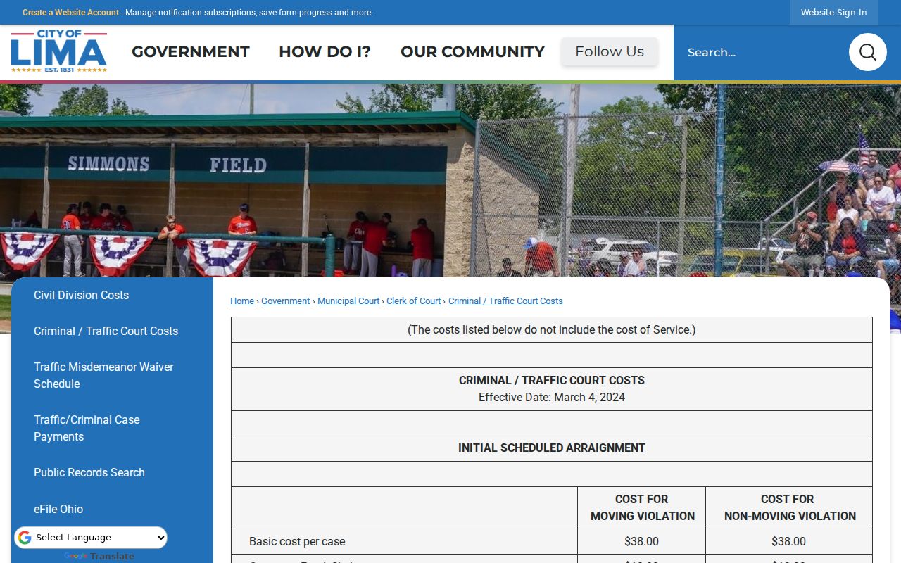 Allen County traffic court records copy fees from the Lima Municipal Court cost schedule